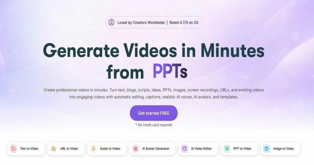 Turn text, blogs, scripts, ideas, PPTs, images, screen recordings into videos