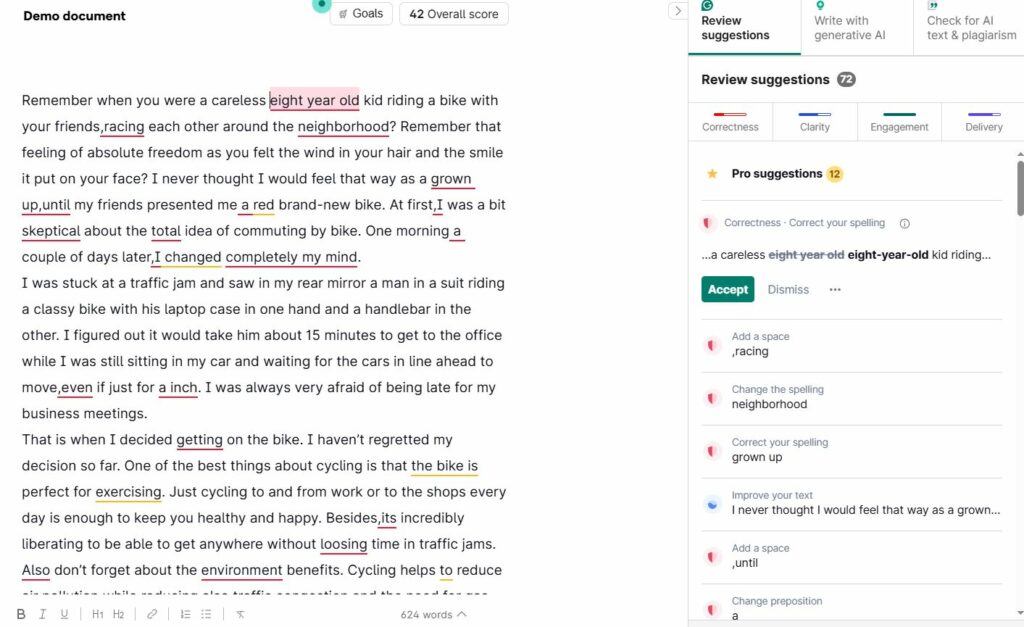 Grammarly AI writing assistant showing tone and clarity suggestions